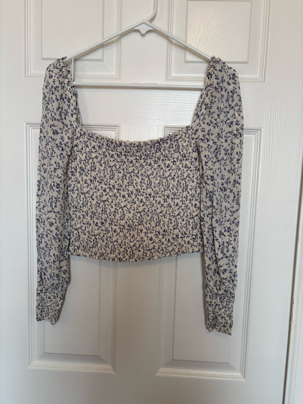 Reformation Pinto Smocked Floral Square-Neck Long Sleeve Top - Cream & Blue